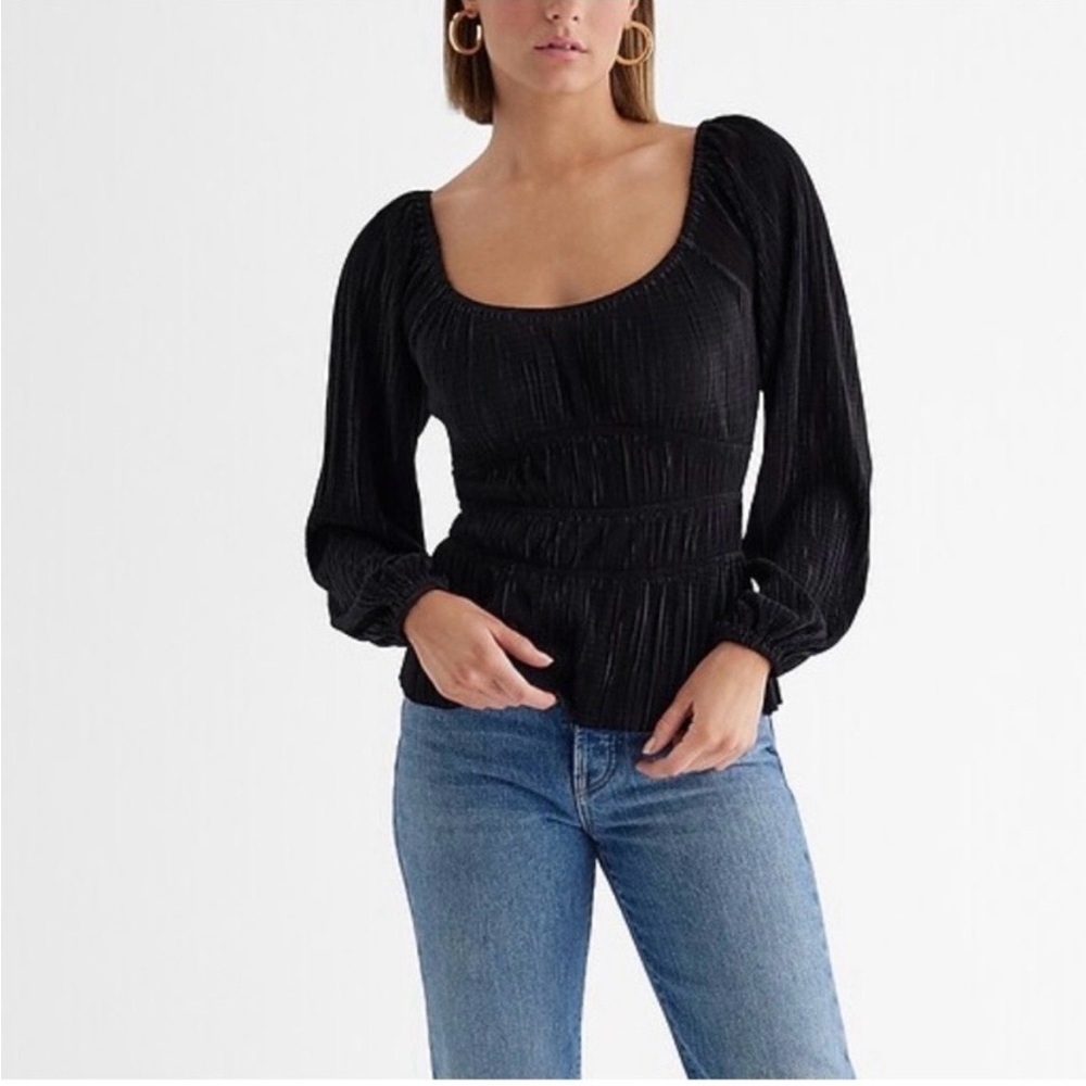 NWT Express Black Long-Sleeve Smocked Scoopneck Top, Size XS